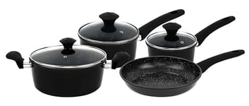 Herzberg, HG04654-BLK, Ensemble complet de batterie de cuisine avec revêtement antiadhésif, rétention de chaleur, poignées ergonomiques, facile à nettoyer, 7 Pièces, Noir