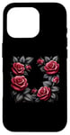 Coque pour iPhone 16 Pro Art botanique floral rose avec feuilles noires, roses d'amour