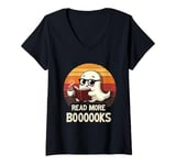 Womens Cute Ghost Book Read More Books Funny Teachers Halloween V-Neck T-Shirt