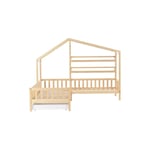 90x200cm+140x70cm Lit cabane pour enfant avec tiroirs et étagères bois massif avec clôture et sommier à lattes structure en L naturel