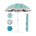 Parasol Plage 200 cm avec Franges, Parasol de Jardin Extérieur Inclinable, Parasol Plage Pliable Compact, Tissu en Revêtement Argenté, Pied d'Ancrage