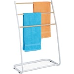 Relaxdays - Porte-serviettes sur pied, métal, 3 traverses aspect bois, pour serviettes, HxLxP : 87 x 58 x 29,5 cm, blanc