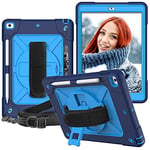 Case for iPad 9/8/7 (10.2 inch), Military Rugged 3-Layer Shockproof Protective Case with Built-in Screen Protector, Pen Holder, Rotating Stand, Shoulder Strap, Navy Blue + Blue