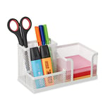 Relaxdays Organiseur Bureau, 3 Compartiments, Aspect Maille, HLP : 10 x 18,5 x 9,5 cm, Bloc mémo et Porte-stylos, Blanc