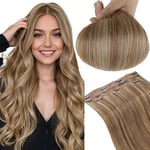 RUNATURE Extension a Clip Cheveux Naturel Lisse Brun Doré avec Blond Doré Rajout Cheveux Clip Naturel Remy Extension Vrai Cheveux Humain a Clips 12 Pouces/30cm 3 Pièces/50g #10P16