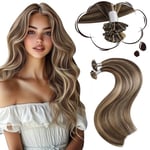 Moresoo Extension Keratine Cheveux Humain Naturel Marron Foncé et Blond Caramel Extension Cheveux Naturel Keratine à Chaud Remy Extension a la Keratine 1g 55 cm 50g #P4/27 50 Mèches