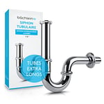 Bächlein Siphon Universel pour Lavabo et Évier (Extra Long) – Bonde de Lavabo Tubulaire – Siphon Adaptable – Siphon Anti-Odeur avec Orifice de Nettoyage + Mode d’Emploi - Chromé