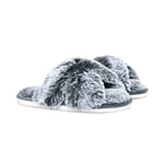 Sleepdown Pantoufles plates en fausse fourrure de lapin pour femme avec bande croisée à bout ouvert et pelucheuses, confortables, douces et confortables, chaudes pour l'intérieur de la maison, gris, 35/36 EU