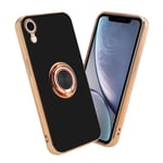 Coque pour Apple iPhone XR en Glossy Noir - Or avec anneau Housse de protection Étui en silicone TPU flexible, avec protection pour appareil photo et support voiture magnétique - Neuf