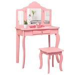 DREAMADE Coiffeuse Princesse 2 en 1 Enfants avec Tabouret,Table de Maquillage en MDF et Bois de Pin avec Tiroir&Miroir Pliant(Rose)