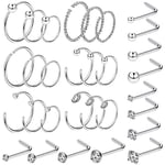 OUFER Body Piercing 30PCS 20G Nose Piercings 316L Stainless Steel L-Shaped Nose Stud C-Shape Nose Ring Hoop Lip Piercing Jewellery Set for Women Men