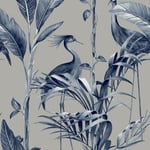 Belgravia Décor Azzurra Wallpaper Wood Tropical Metallic Leaf Navy Silver