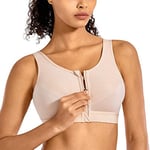 SYROKAN Soutien Gorge Femme Sport sans Armature Maintien Extreme Zippée Devant Dos Nageur Non Rembourré pour Fitness Course Jogging Beige 85F