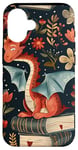 Coque pour iPhone 16 Motif de ver de bibliothèque Cute Dragon Books Cottagecore