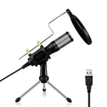 PC Microphone USB Computer Condenser Gaming Mic Plug & Play with Tripod Stand & Pop Filter for Vocal Recording, Podcasting, Streaming for PC Laptop Desktop