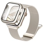 Raradev 3-in-1 Compatible with Apple Watch Metal Straps 41mm with Case & Screen Protector, Dual Magnetic Band and Protective Cover with 9H Tempered Glass for iWatch Series 9/8/7, Starlight