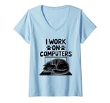 Womens I Work On Computers Persian Longhair Cat V-Neck T-Shirt