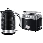 Russell Hobbs Inspire Bouilloire électrique 1,7 L 2400 W Noir/Argent & Toaster Grille-Pain, 3 Fonctions, Température Ajustable, Réchauffe Viennoiserie, Design Vintage - Noir 21681-56 Retro