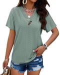 Tee Shirt Femme à Manches Courtes Chic et col en V été Casual Grande Taille Top Base T-Shirts Vert M