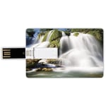 16G USB Flash Drives Credit Card Shape Waterfall Memory Stick Bank Card Style Majestic Waterfall Flowing on Cliff Rocks in Rural Town Wild Nature Art Image,Green White Waterproof Pen Thumb Lovely Jump