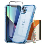 ZTOFERA Compatible with iPhone 13 Case with [Wrist Strap] [Tempered Glass Screen Protector] for Girls Women, Flexible Silicone Heart Phone Case with Gold Trim Shockproof Cover, Sierra Blue