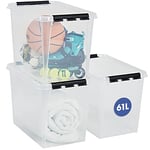 SmartStore 61L Large Plastic Storage Boxes with Lid, 3 Pack, Reinforced, Clear, 10 Year, Food Safe, Clip Locked, Stackable and Nestable, L59 x W39 x H43cm