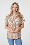 Izabel London Womens Beige Printed Button Down Short Sleeve Shirt - Size 12 UK