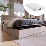 Lit coffre lit rembourré lit double hydraulique 140x200cm, avec matelas, sommier à lattes en bois, lit avec sommier à lattes en métal, lin, beige