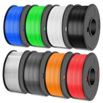 SUNLU Lot de 8 filaments pour imprimante 3D PLA+, filament PLA PLUS 1.75 mm, bobine de 0.25 kg, filament soigneusement enroulé avec 8 couleurs, noir+blanc+gris+transparent+rouge+bleu+orange+vert