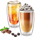 TKNO 2 Pack 450ml Double Walled Tall Coffee Glasses Mugs Cups, for Coffee Tea Milk Juice Ice Cream Dessert, Borosilicate Heat Resistant Large Glass Cups, Microwave Safe, Ideal for Hot and Cold Drinks