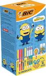 BIC Minions Kit de Papeterie Édition Limitée - 4 Couleurs Stylos-Bille Pointe Moyenne (1,0 mm)/Surligneurs Pointe Biseautée/Souris Correctrice 6 m/Bâtons de Colle/Autocollants - Boîte de 12