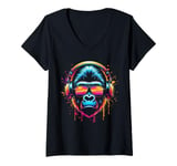 Womens Monkey DJ Disco Music Lover Headphones Gorilla Chimpanzee V-Neck T-Shirt