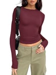 Trendy Queen Womens Long Sleeve Shirts Basic Spring Crop Tops Fall Fashion Layering Slim Fitted Y2k Tops, Wine Red, S