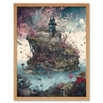 Fantasy World Coastal Island Landscape Nymph House Magical Marine Life Flying Fish Seaweed Cloud Art Print Framed Poster Wall Decor 12x16 inch