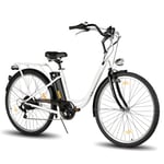 Hiland Vélo électrique 28 pouces 7 vitesses pour femmes et hommes, moteur de 250 W, vélo de ville électrique avec batterie 36 V 10,4 Ah, blanc