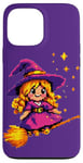 Coque pour iPhone 13 Pro Max Pixelated Petite sorcière violette sur un balai pour enfants