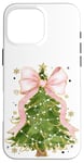 Coque pour iPhone 16 Pro Max Coquette rose avec nœud en ruban et sapin de Noël vert pour fille