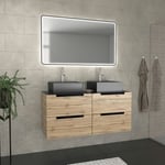 Aurlane - Meuble salle de bains 120cm Chêne et noir, Vasques carrées et Miroir Black Led 120x70 - omega