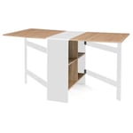Table console pliable edi 2-6 personnes avec rangements bois blanc plateau façon hêtre 150 x 80 cm - Blanc