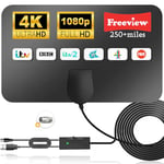 Upgraded Indoor TV Aerial - Digital TV Aerial for Smart TV, TV Antenna with Booster 250+ Miles Long Range Reception for Freeview TV Support 4K 1080P HDTV & 16.4ft Coax Cable