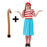 MFD Where's Wally Wenda Girls Fancy Dress + Walking Stick Kids Book Day Week Costume