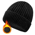 lifwimner Bonnet d'hiver Homme, Unisexe Stretchy Wooly Beanie Hat Thermo Fleece Bonnet Tricoté d'hiver pour Chapeau Femme (Noir)