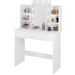 Woltu - Coiffeuse avec Miroir led à Luminosité Réglable Table de Maquillage avec 2 Tiroirs - 4 Étagères de Rangement - Blanc