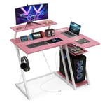 COSTWAY Petit Bureau d Angle - Support d Écran pour PC avec Prises et Ports USB, Crochet Étagère de Rangement, 107x45x93 cm, Rosé