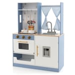 FANTASK Cuisine en Bois pour Enfant avec Rideaux, cuisinière, évier, Four et Distributeur d'eau, Jouet avec ustensiles de Cuisine, Sons et lumières, pour Enfants à partir de 3 Ans