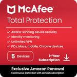 McAfee Total Protection 2024 | 5 Devices | Antivirus, Internet Security, Unlimited VPN, Identity Protection | PC/Mac/Android/iOS | Yearly Auto-Renewal Amazon Exclusive Subscription