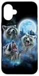 Coque pour iPhone 16 Plus Cosmic Raccoon Trio hurlant sous la galaxie glacée au clair de lune