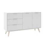 BLAJK - Buffet 140cm 2 Portes 3 Tiroirs Scandinave MDF et Pin Massif  et Blanc