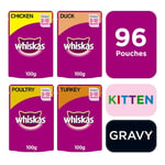 96 X 100g Whiskas 2-12 Months Kitten Wet Cat Food Pouches Mixed Poultry In Gravy
