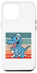 Coque pour iPhone 15 Pro Max Scène d'hiver de dinosaure bleu, amusante et festive, neige